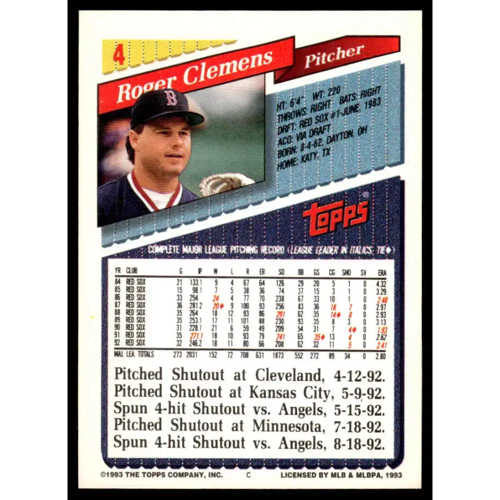 1993 Topps #4 Roger Clemens EX/NM Boston Red Sox Baseball Card - Baseball Card Single