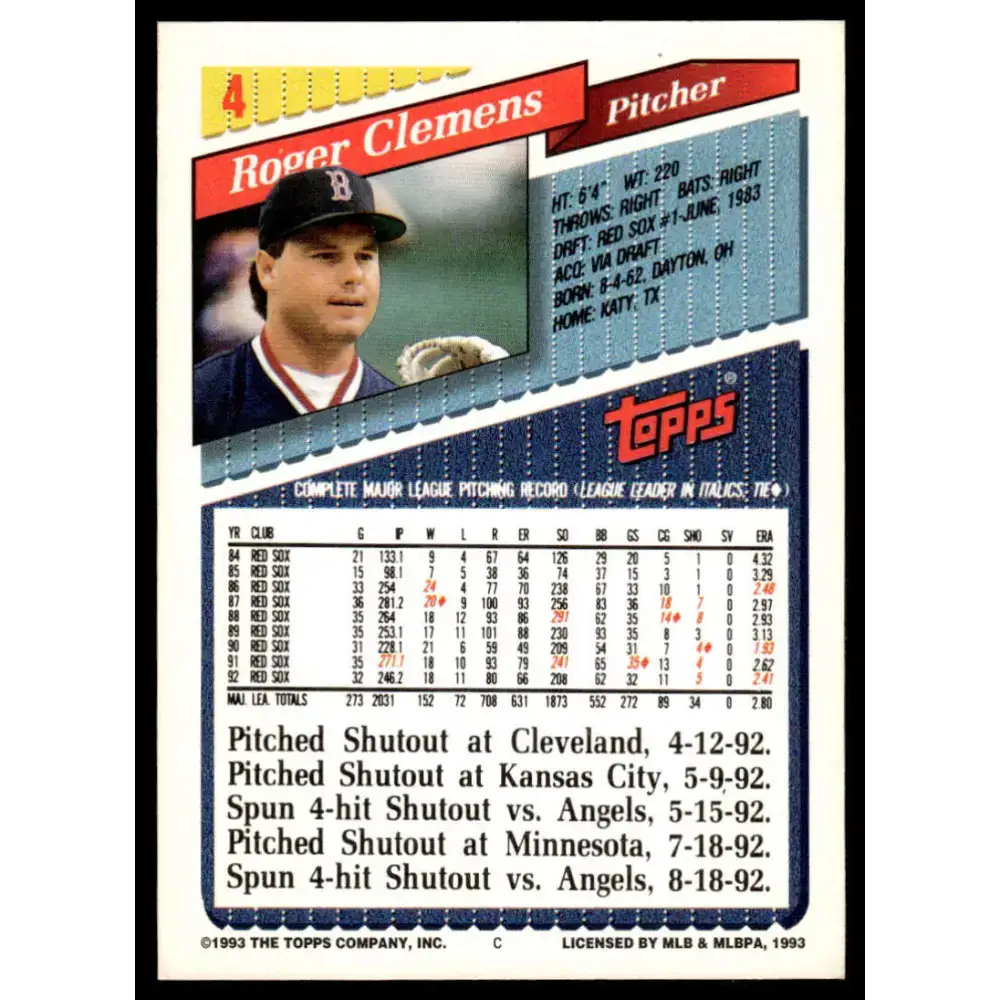 1993 Topps #4 Roger Clemens EX/NM Boston Red Sox Baseball Card - Baseball Card Single