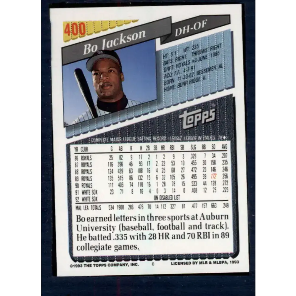 1993 Topps #400 Bo Jackson NM-MT Chicago White Sox Baseball Card - Baseball Card Single