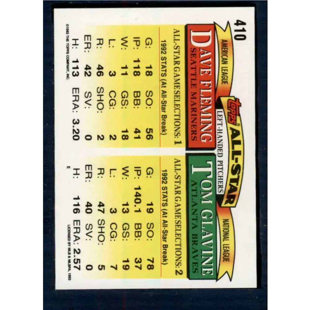 1993 Topps #410 Tom Glavine/Dave Fleming NM-MT Atlanta Braves/Seattle Mariners Baseball Card - Baseball Card Single