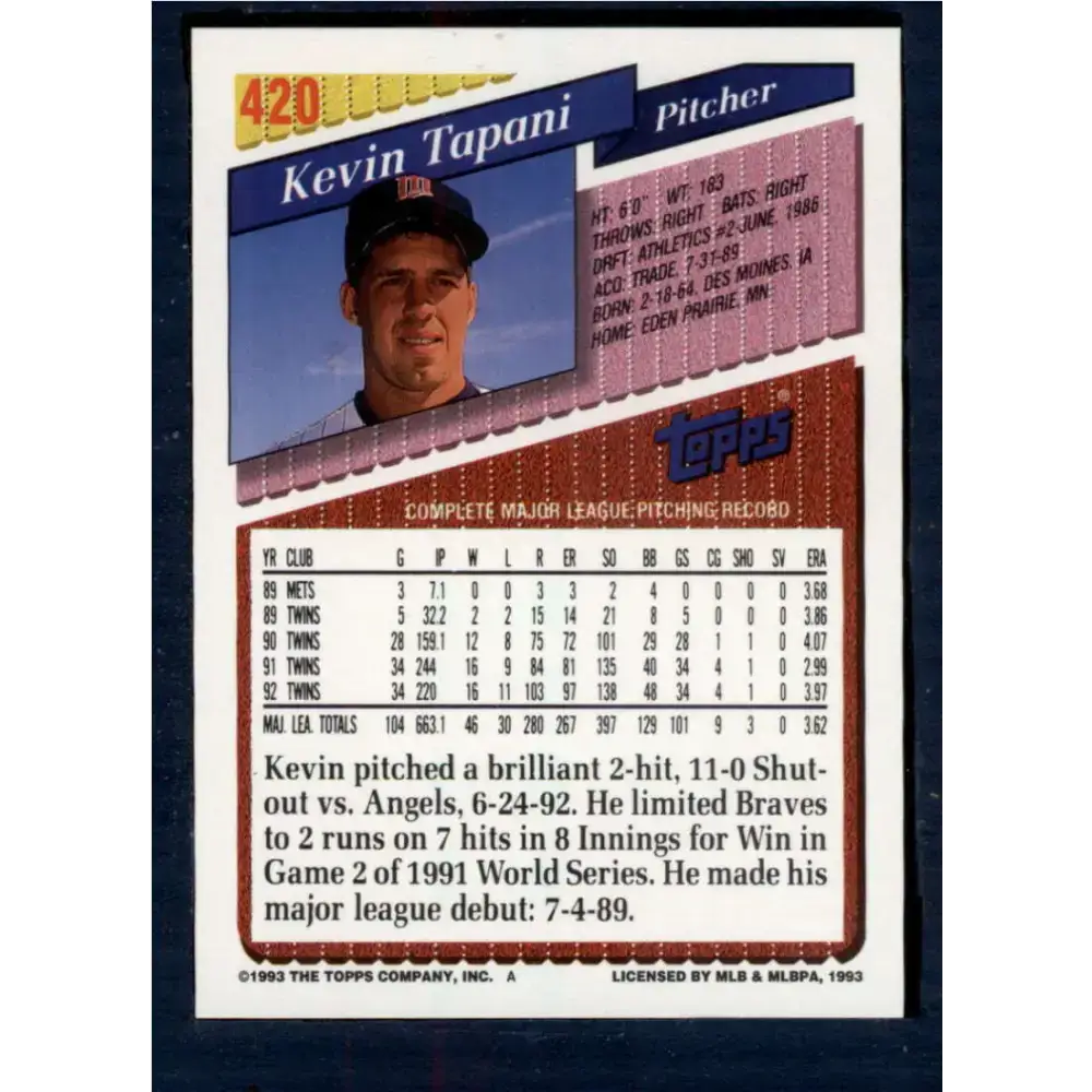 1993 Topps #420 Kevin Tapani NM-MT Minnesota Twins Baseball Card - Baseball Card Single
