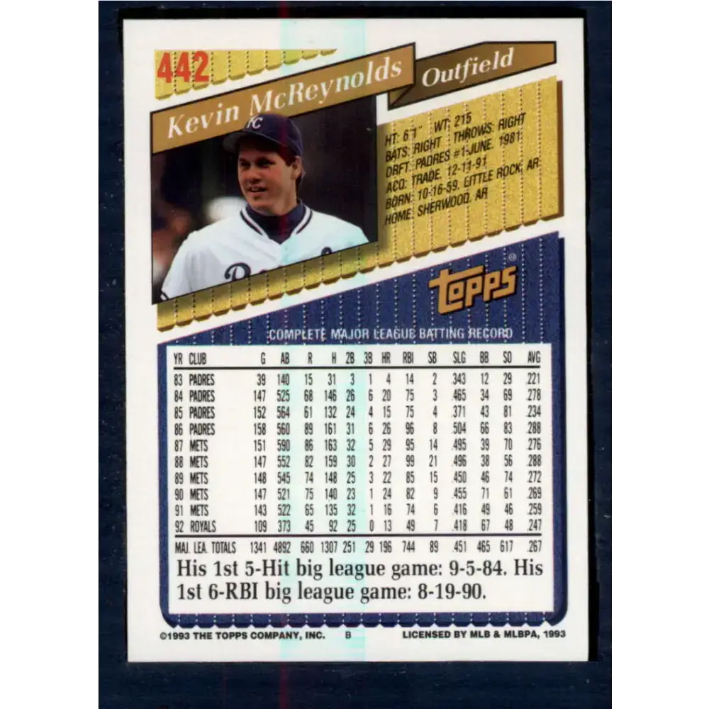 1993 Topps #442 Kevin McReynolds NM-MT Kansas City Royals Baseball Card - Baseball Card Single