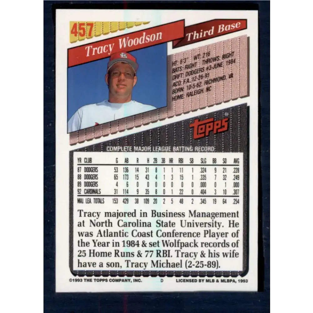 1993 Topps #457 Tracy Woodson NM-MT St. Louis Cardinals Baseball Card - Baseball Card Single