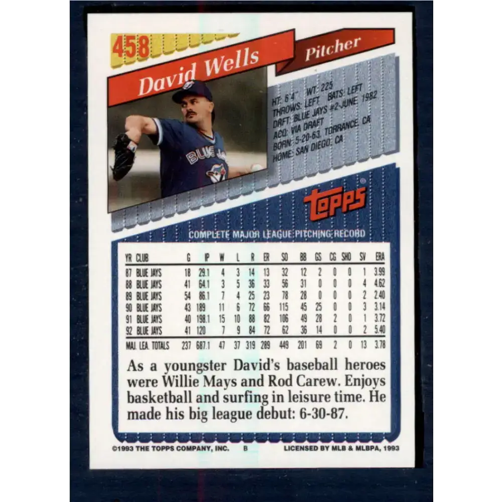 1993 Topps #458 David Wells NM-MT Toronto Blue Jays Baseball Card - Baseball Card Single