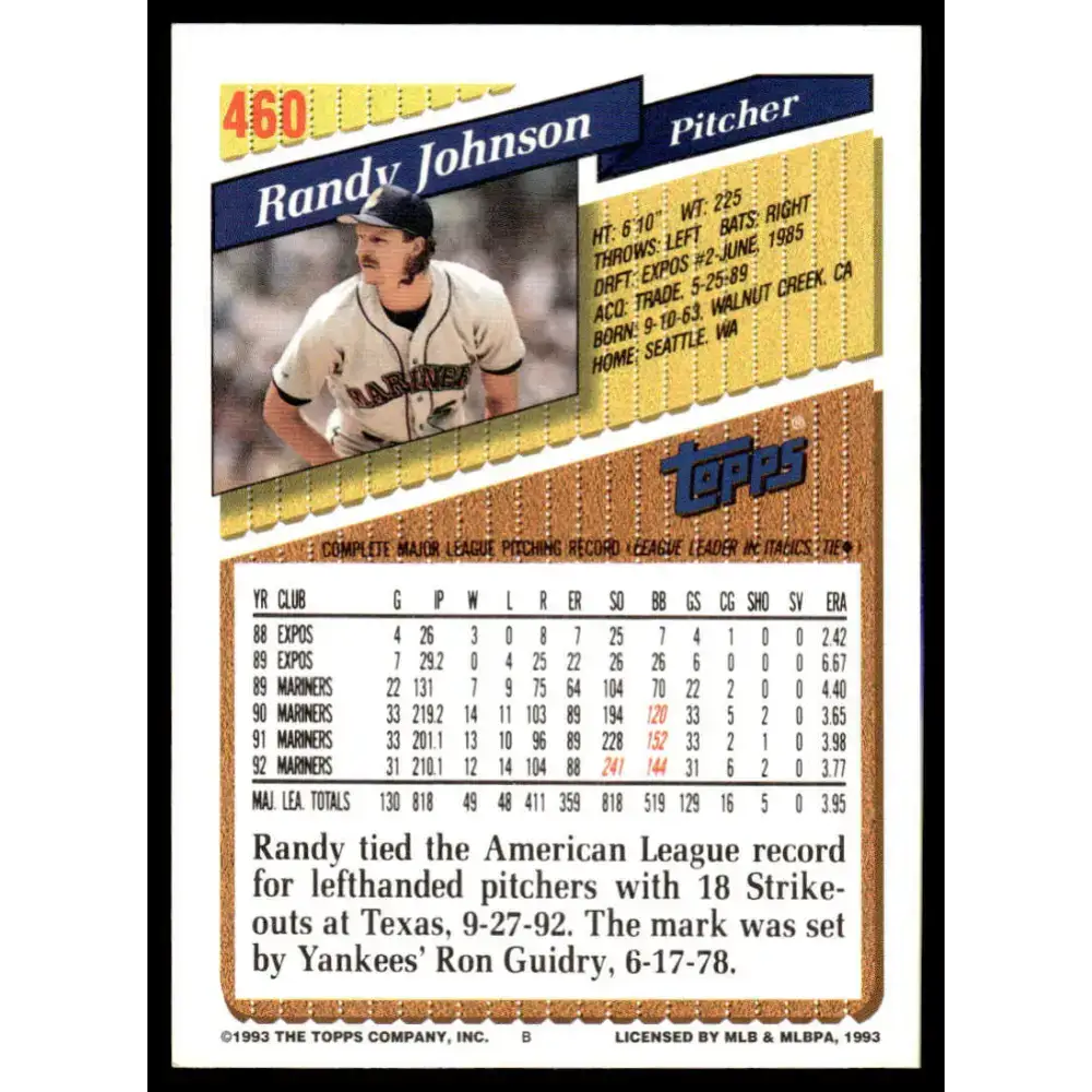 1993 Topps #460 Randy Johnson EX/NM Seattle Mariners Baseball Card - Baseball Card Single