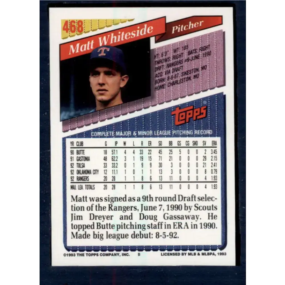1993 Topps #468 Matt Whiteside NM-MT RC Rookie Texas Rangers Baseball Card - Baseball Card Single