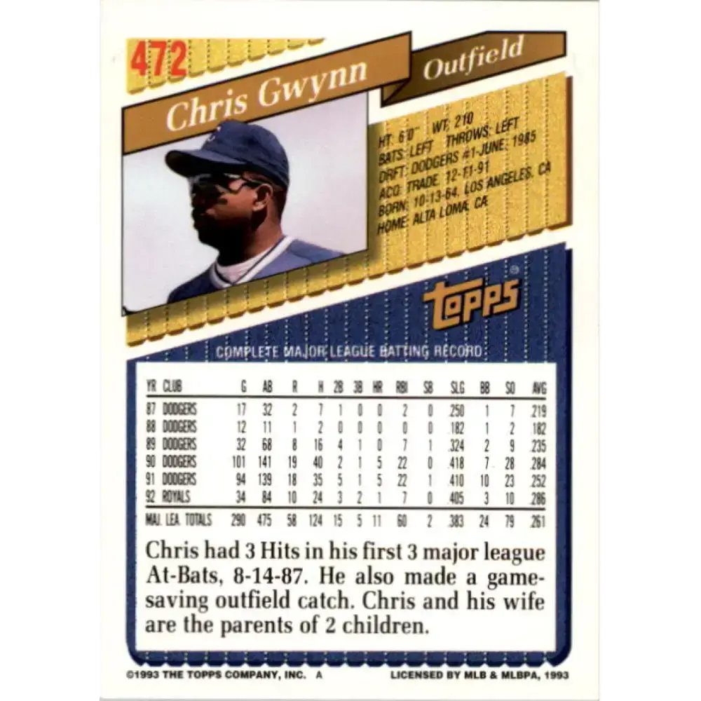 1993 Topps #472 Chris Gwynn NM-MT Kansas City Royals Baseball Card - Baseball Card Single