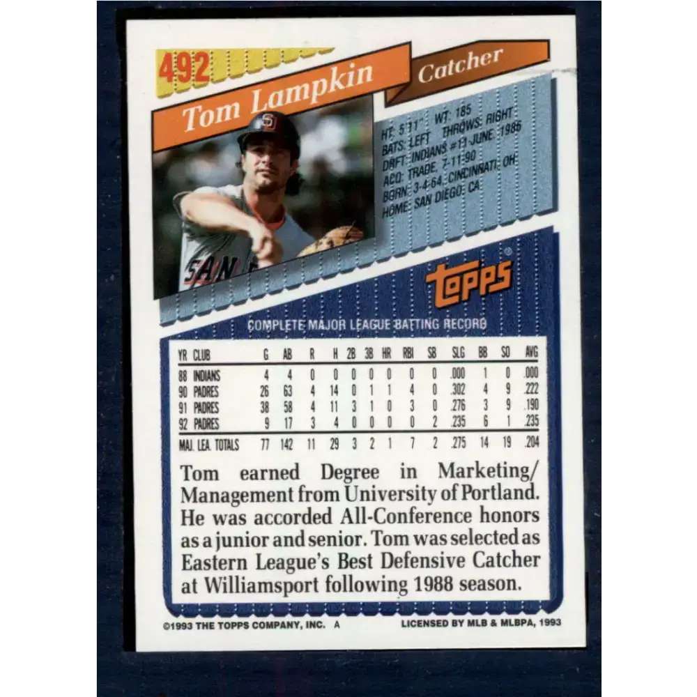 1993 Topps #492 Tom Lampkin NM-MT San Diego Padres Baseball Card - Baseball Card Single