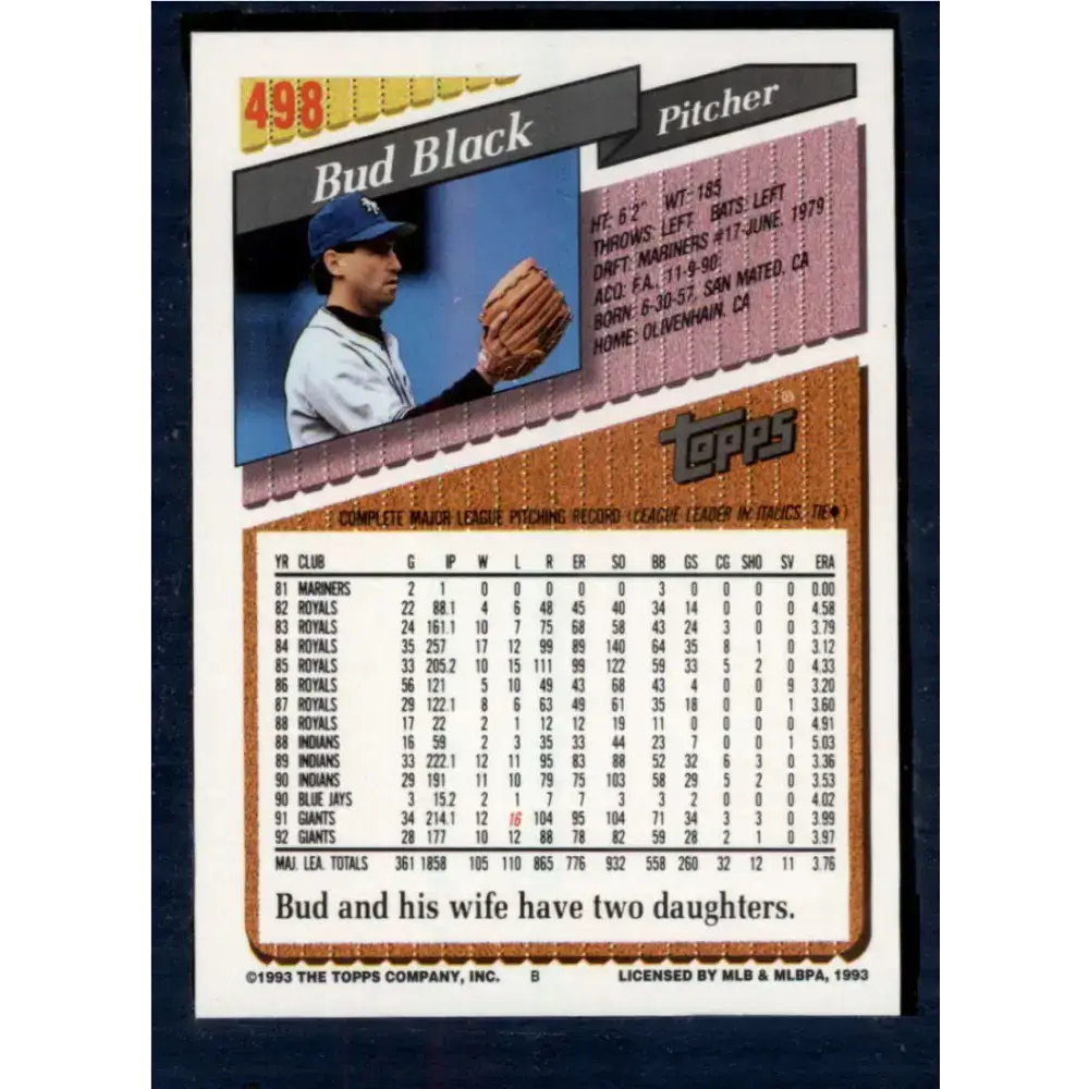 1993 Topps #498 Bud Black NM-MT San Francisco Giants Baseball Card - Baseball Card Single