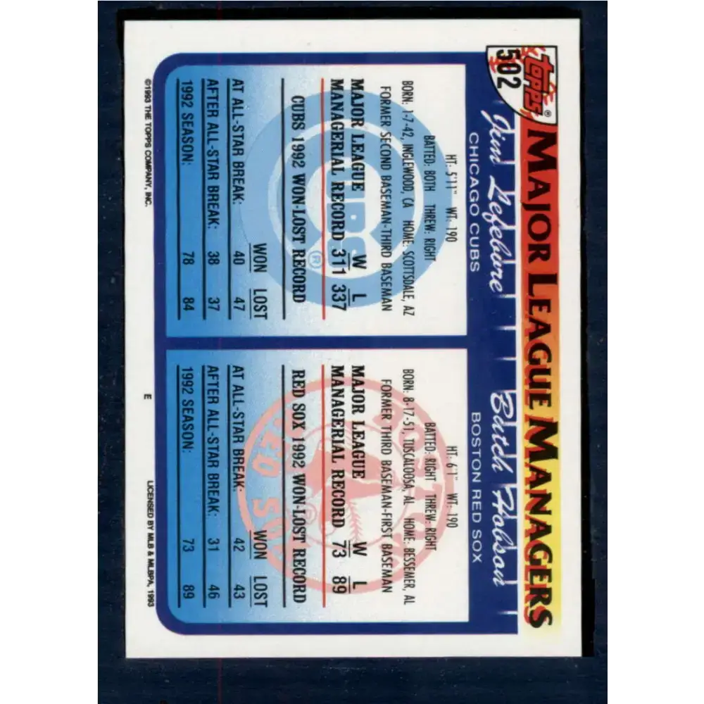 1993 Topps #502 Butch Hobson/Jim Lefebvre NM-MT Boston Red Sox/Chicago Cubs Baseball Card - Baseball Card Single