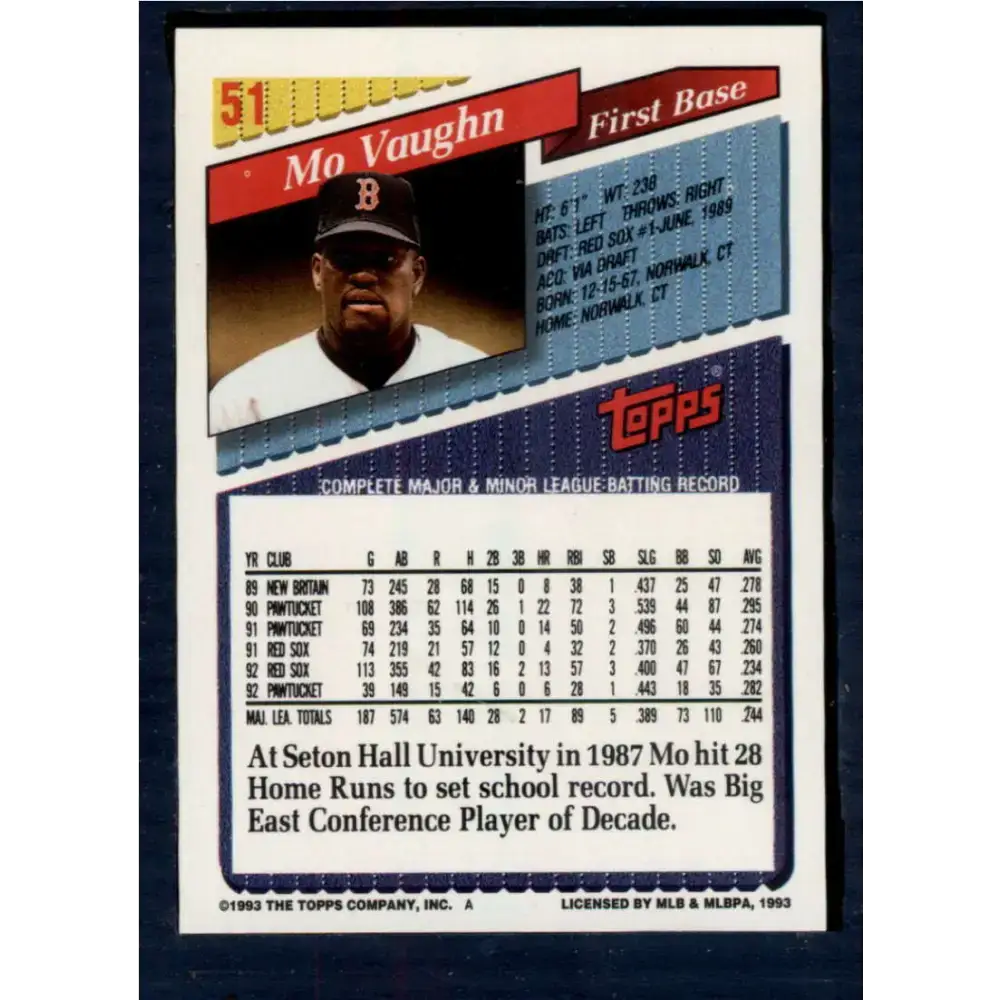 1993 Topps #51 Mo Vaughn NM-MT Boston Red Sox Baseball Card - Baseball Card Single