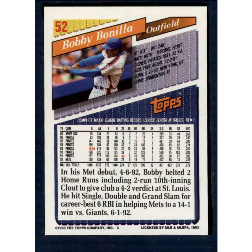1993 Topps #52 Bobby Bonilla NM-MT New York Mets Baseball Card - Baseball Card Single
