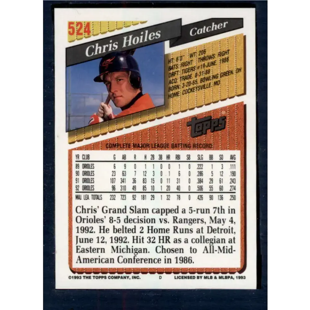 1993 Topps #524 Chris Hoiles NM-MT Baltimore Orioles Baseball Card - Baseball Card Single