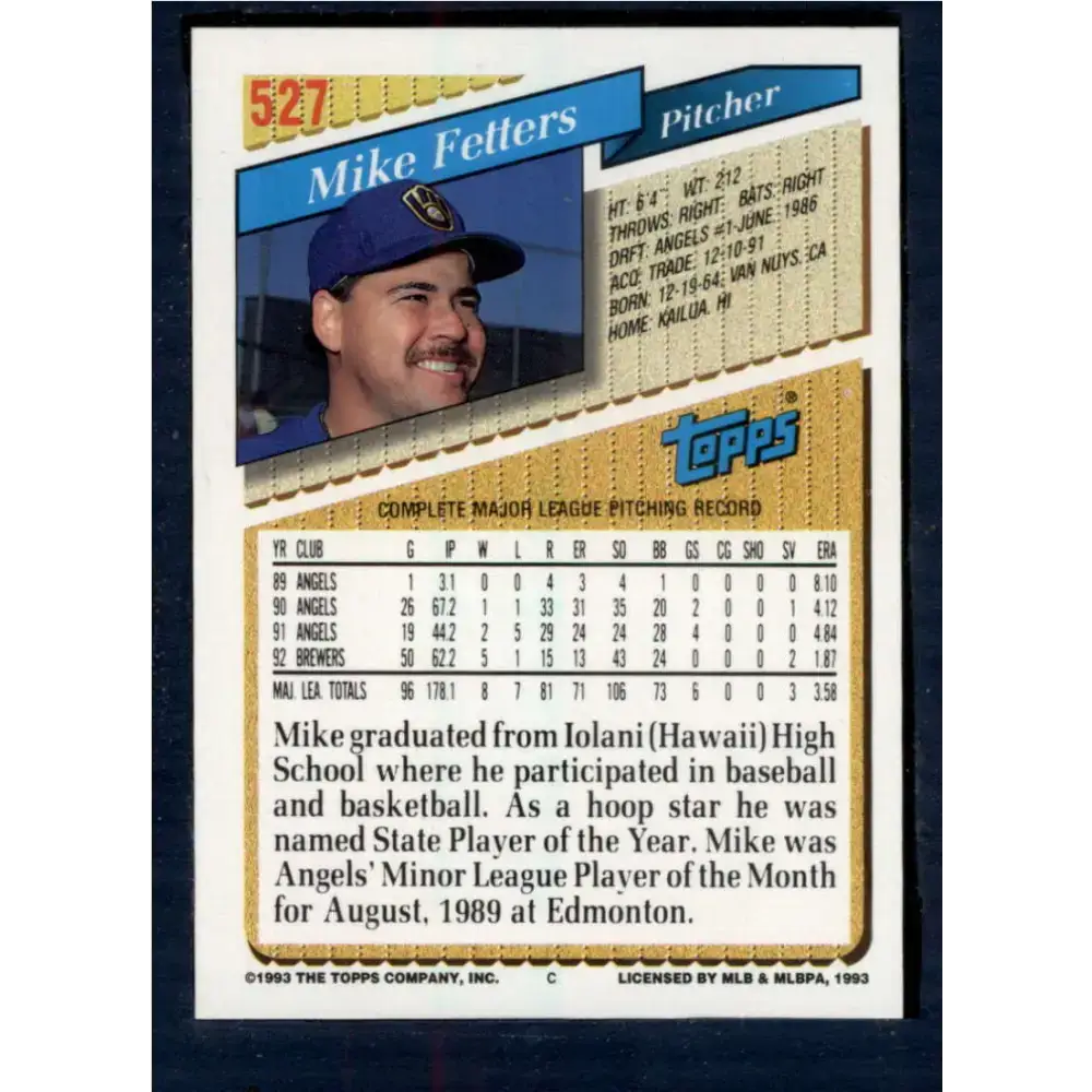 1993 Topps #527 Mike Fetters NM-MT Milwaukee Brewers Baseball Card - Baseball Card Single