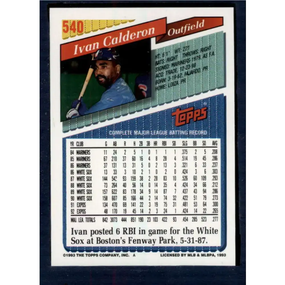 1993 Topps #540 Ivan Calderon NM-MT Montreal Expos Baseball Card - Baseball Card Single