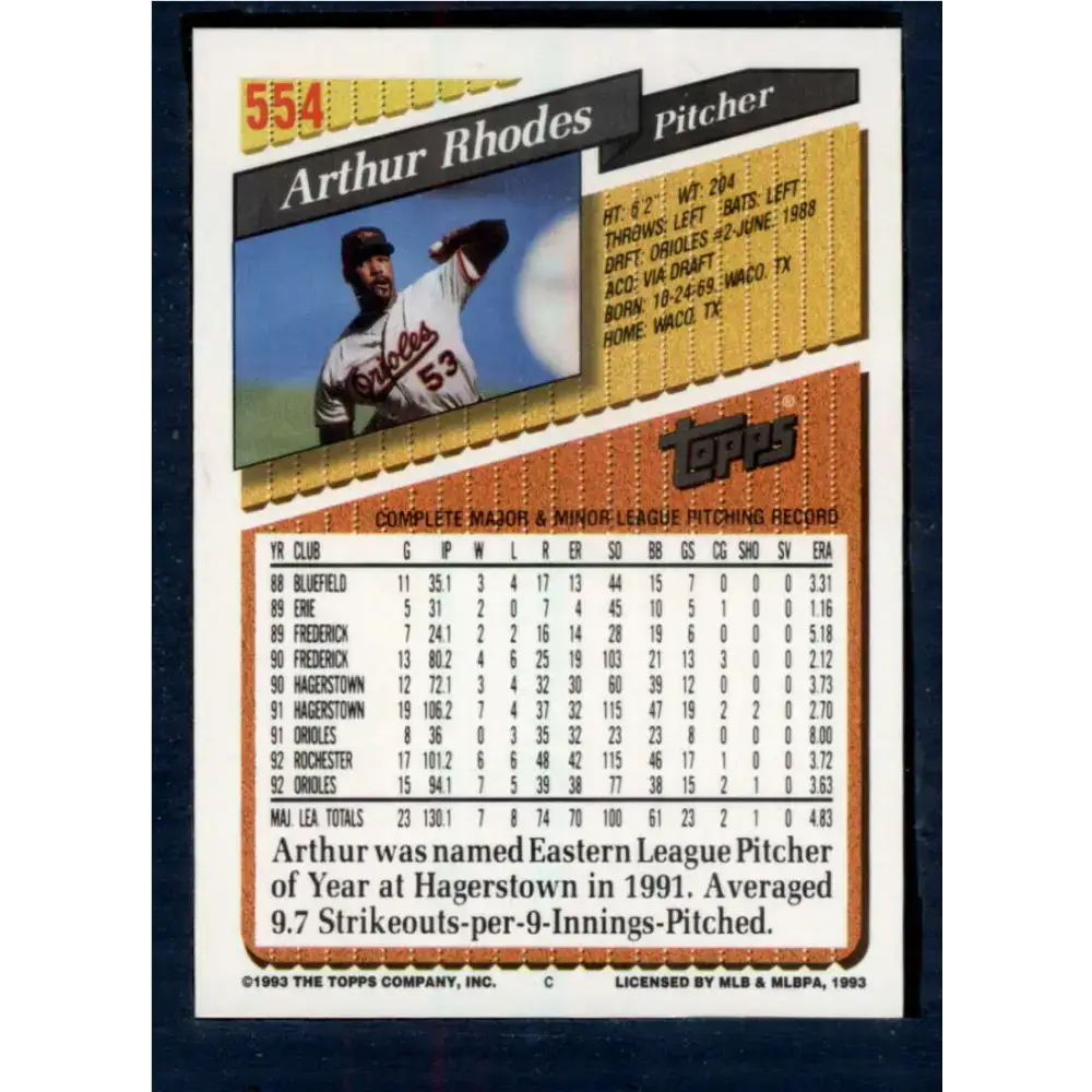 1993 Topps #554 Arthur Rhodes NM-MT Baltimore Orioles Baseball Card - Baseball Card Single