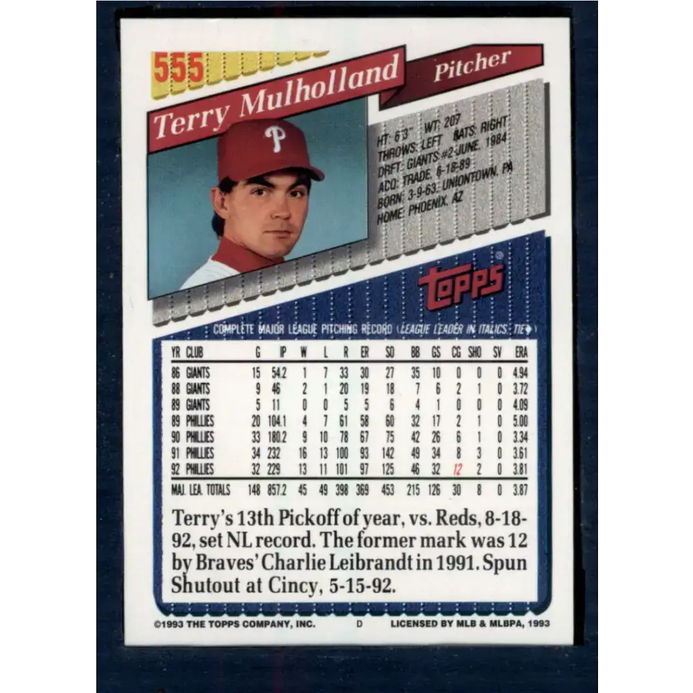 1993 Topps #555 Terry Mulholland NM-MT Philadelphia Phillies Baseball Card - Baseball Card Single