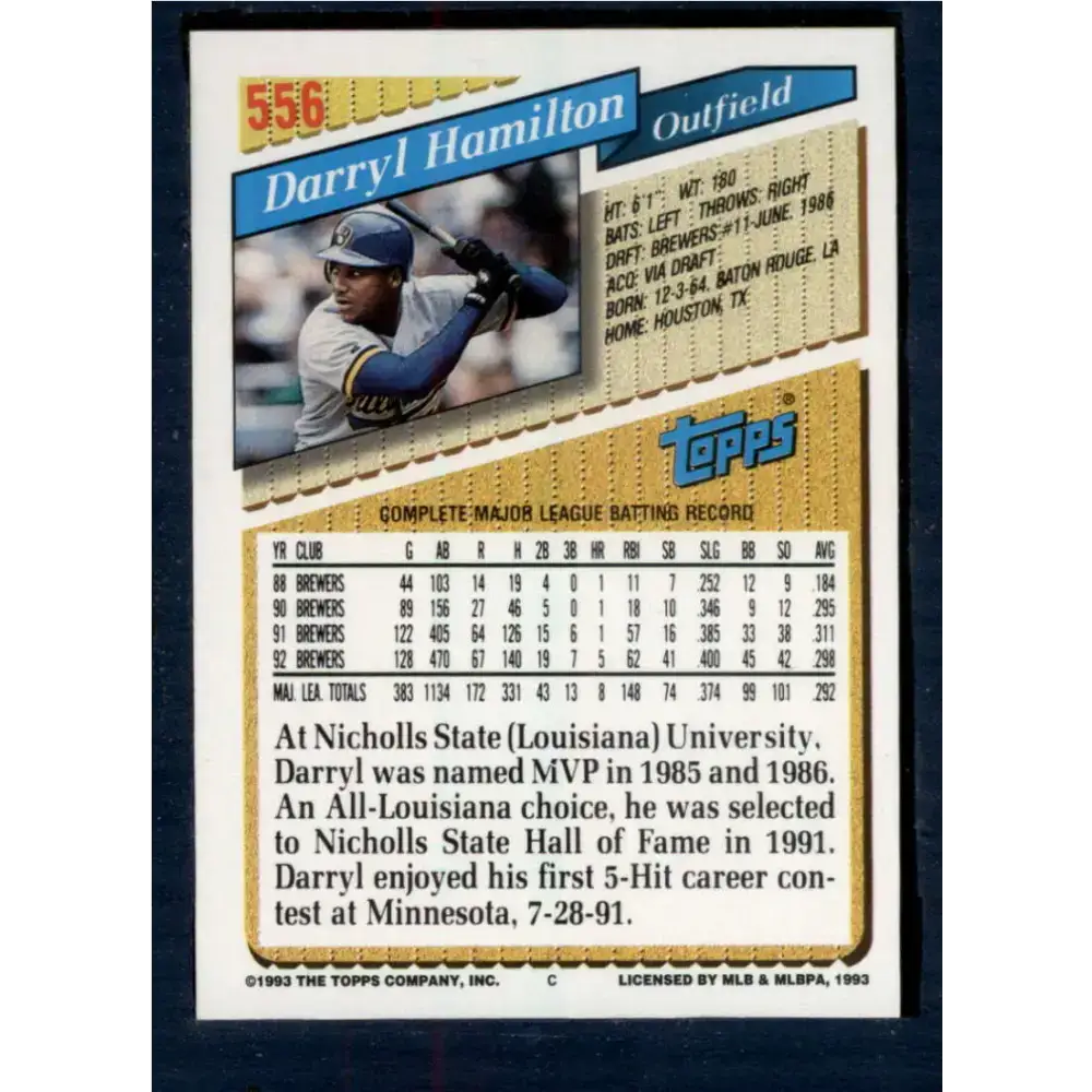 1993 Topps #556 Darryl Hamilton NM-MT Milwaukee Brewers Baseball Card - Baseball Card Single