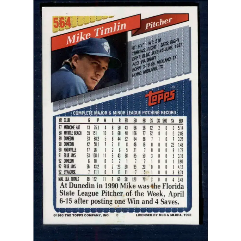 1993 Topps #564 Mike Timlin NM-MT Toronto Blue Jays Baseball Card - Baseball Card Single