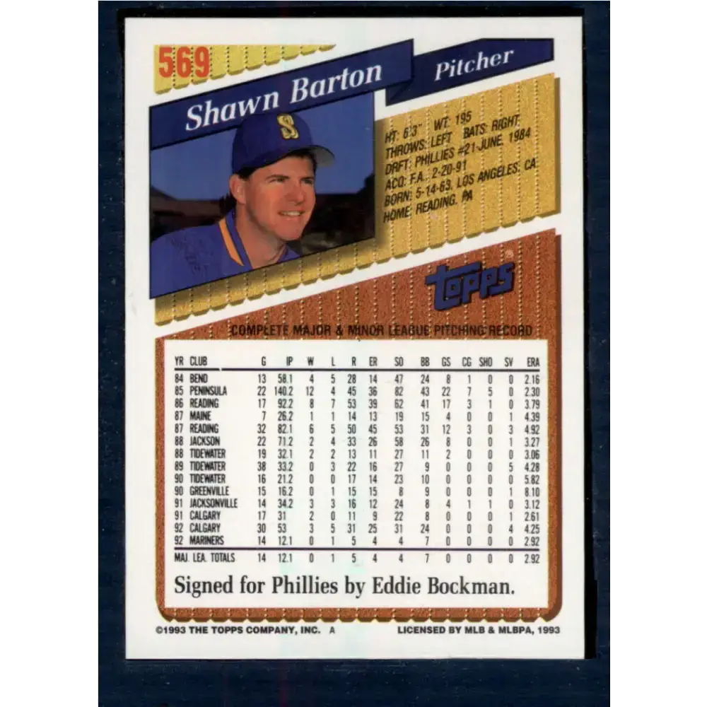 1993 Topps #569 Shawn Barton NM-MT RC Rookie Seattle Mariners Baseball Card - Baseball Card Single