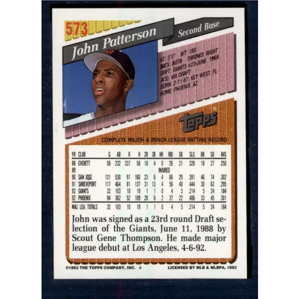1993 Topps #573 John Patterson NM-MT San Francisco Giants Baseball Card - Baseball Card Single