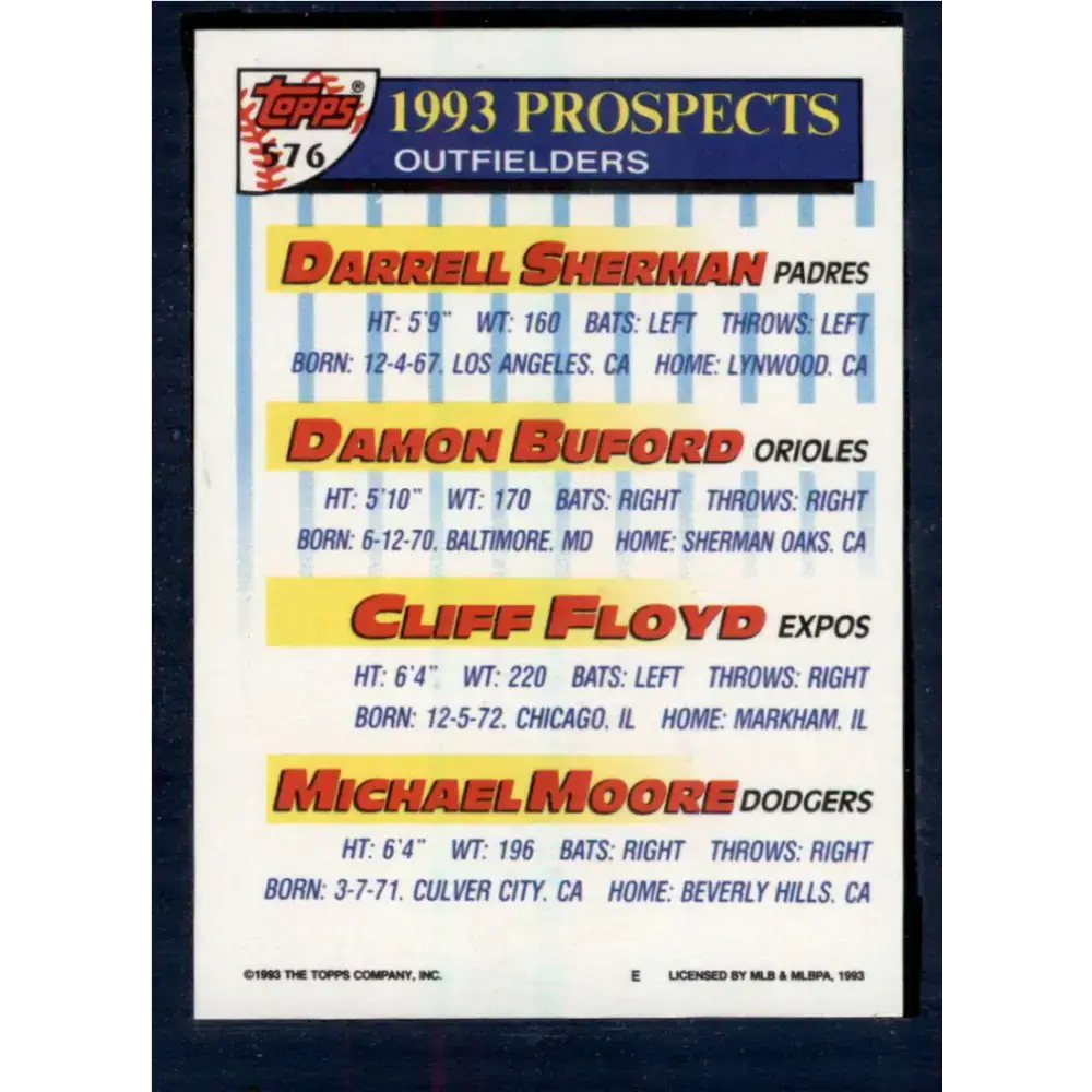 1993 Topps #576 Darrell Sherman/Damon Buford/Cliff Floyd/Michael Moore NM-MT San Diego Padres/Baltimore