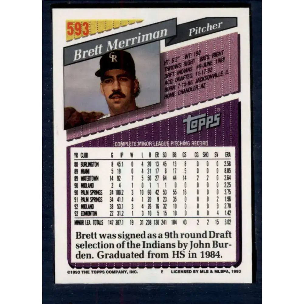 1993 Topps #593 Brett Merriman NM-MT RC Rookie Colorado Rockies Baseball Card - Baseball Card Single