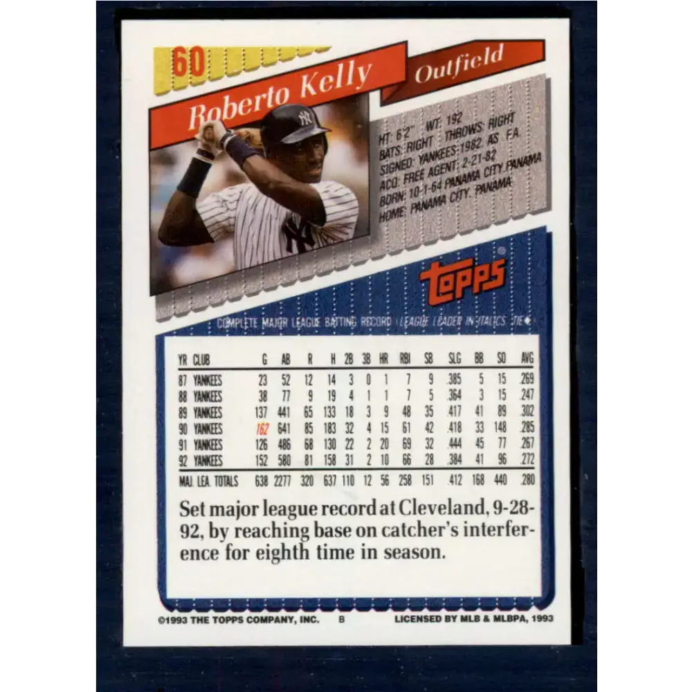 1993 Topps #60 Roberto Kelly NM-MT New York Yankees Baseball Card - Baseball Card Single