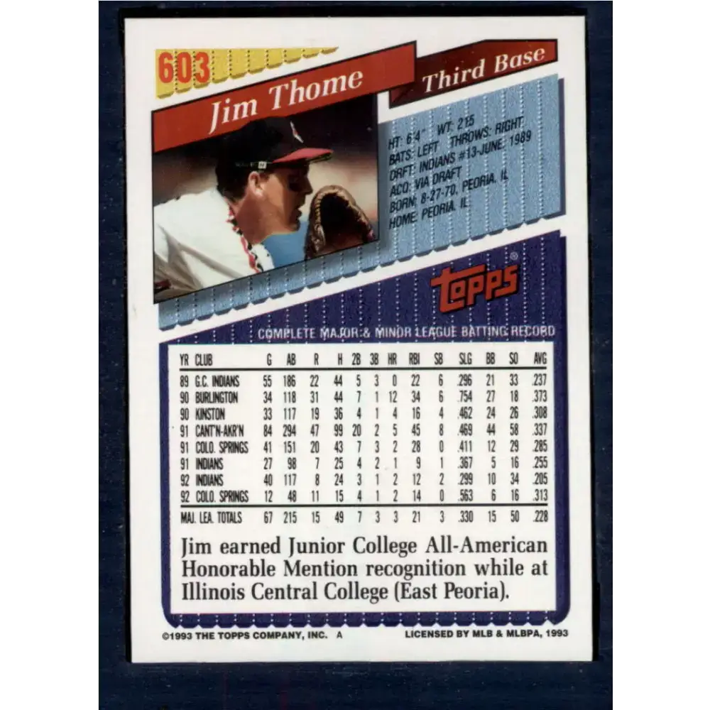 1993 Topps #603 Jim Thome NM-MT Cleveland Indians Baseball Card