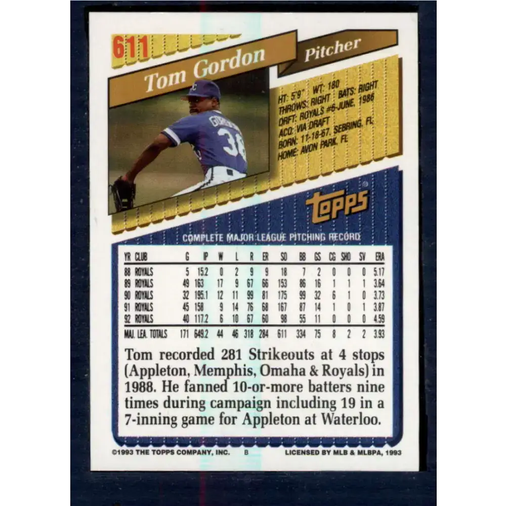 1993 Topps #611 Tom Gordon NM-MT Kansas City Royals Baseball Card - Baseball Card Single