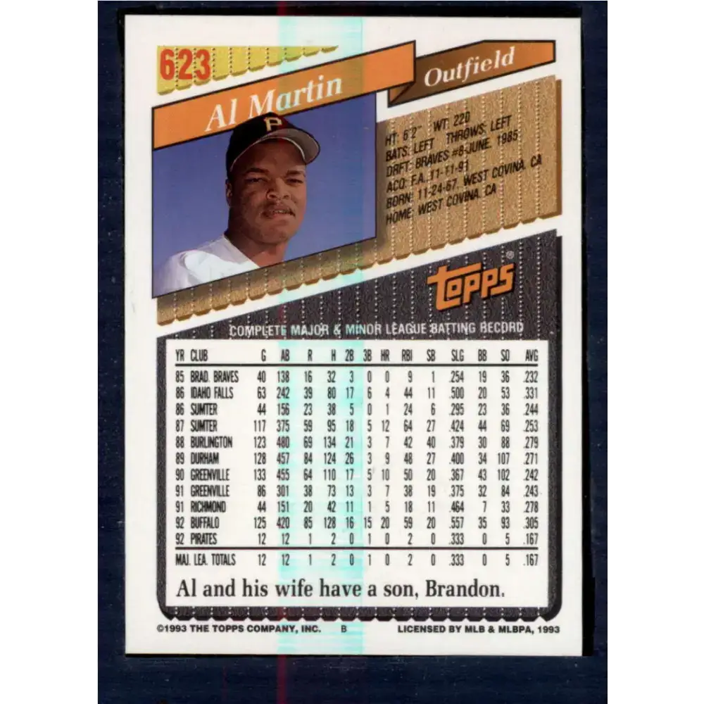 1993 Topps #623 Al Martin NM-MT Pittsburgh Pirates Baseball Card - Baseball Card Single