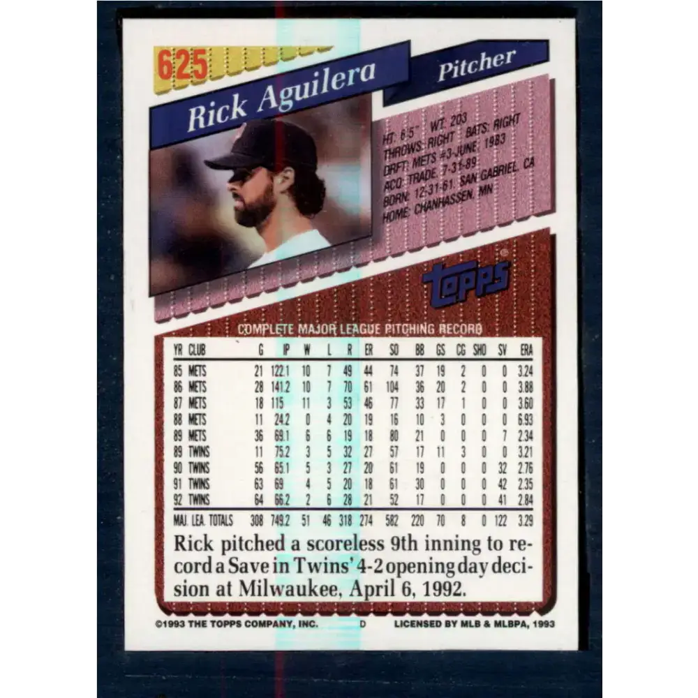 1993 Topps #625 Rick Aguilera NM-MT Minnesota Twins Baseball Card - Baseball Card Single