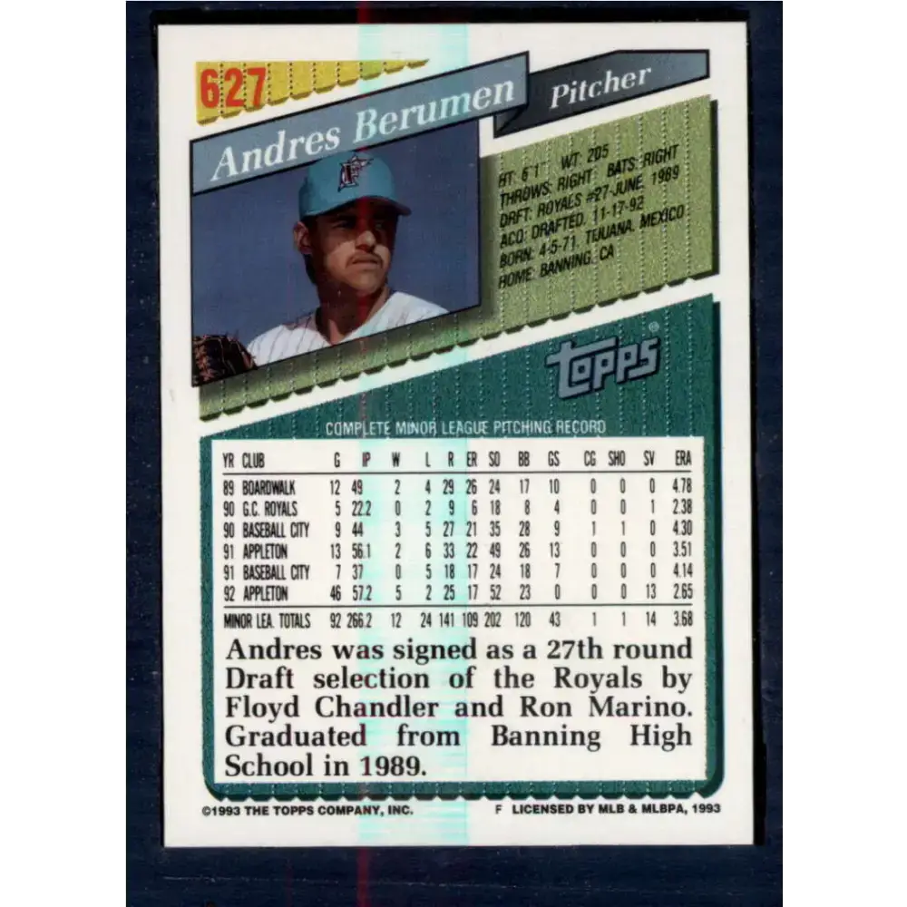 1993 Topps #627 Andres Berumen NM-MT RC Rookie Florida Marlins Baseball Card - Baseball Card Single