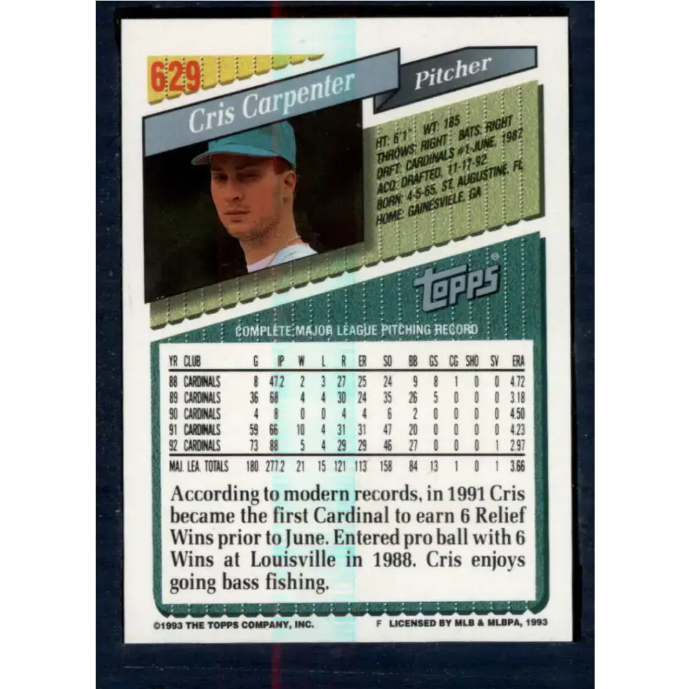1993 Topps #629 Cris Carpenter NM-MT Florida Marlins Baseball Card - Baseball Card Single