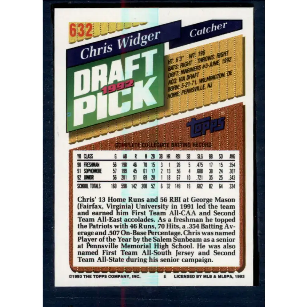 1993 Topps #632 Chris Widger NM-MT RC Rookie Seattle Mariners Baseball Card - Baseball Card Single