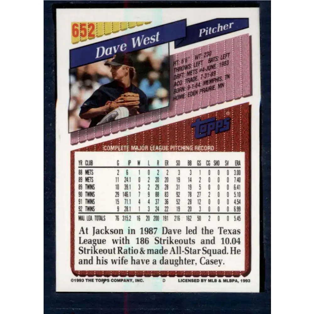 1993 Topps #652 David West NM-MT Minnesota Twins Baseball Card - Baseball Card Single