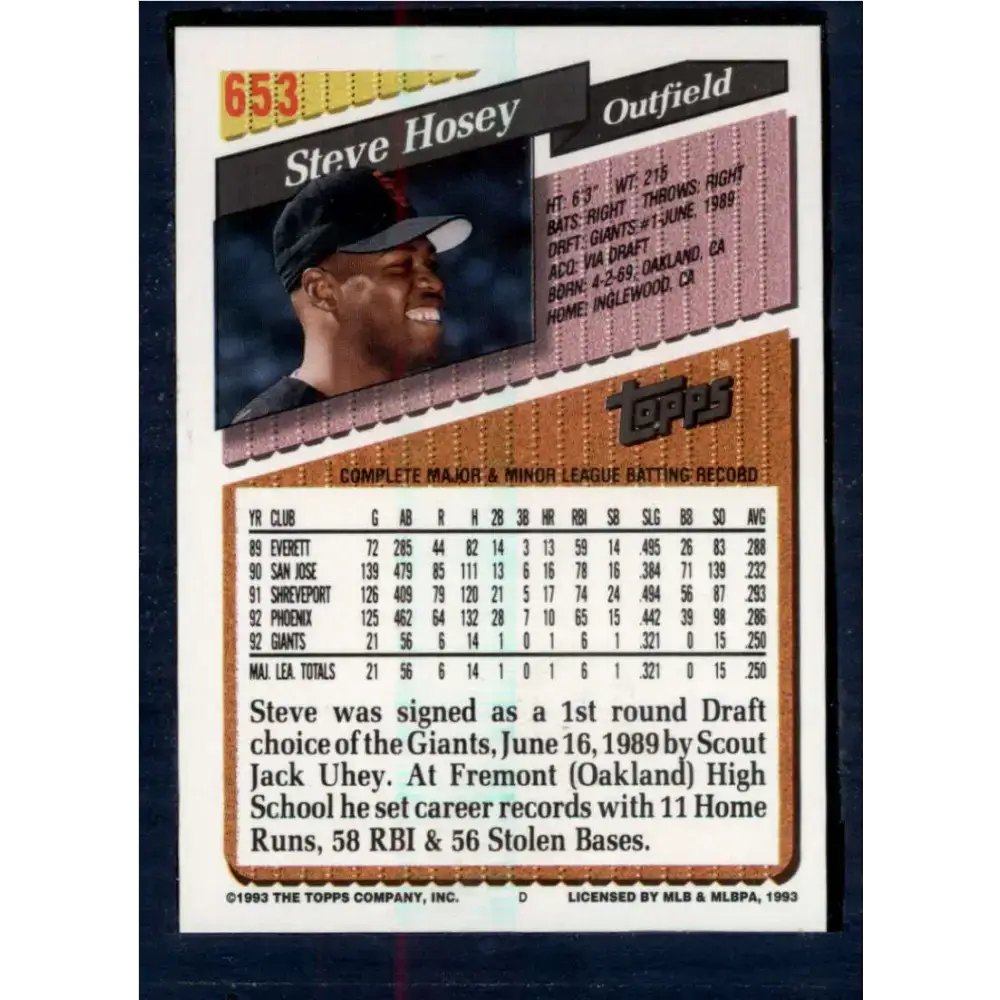 1993 Topps #653 Steve Hosey NM-MT San Francisco Giants Baseball Card - Baseball Card Single