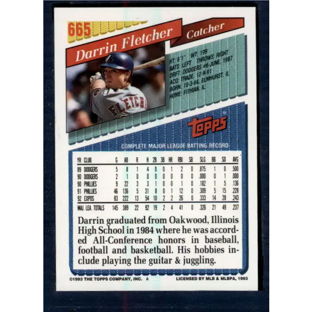 1993 Topps #665 Darrin Fletcher NM-MT Montreal Expos Baseball Card - Baseball Card Single