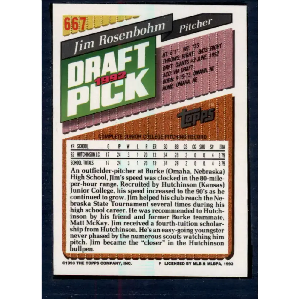 1993 Topps #667 Jim Rosenbohm NM-MT RC Rookie San Francisco Giants Baseball Card - Baseball Card Single