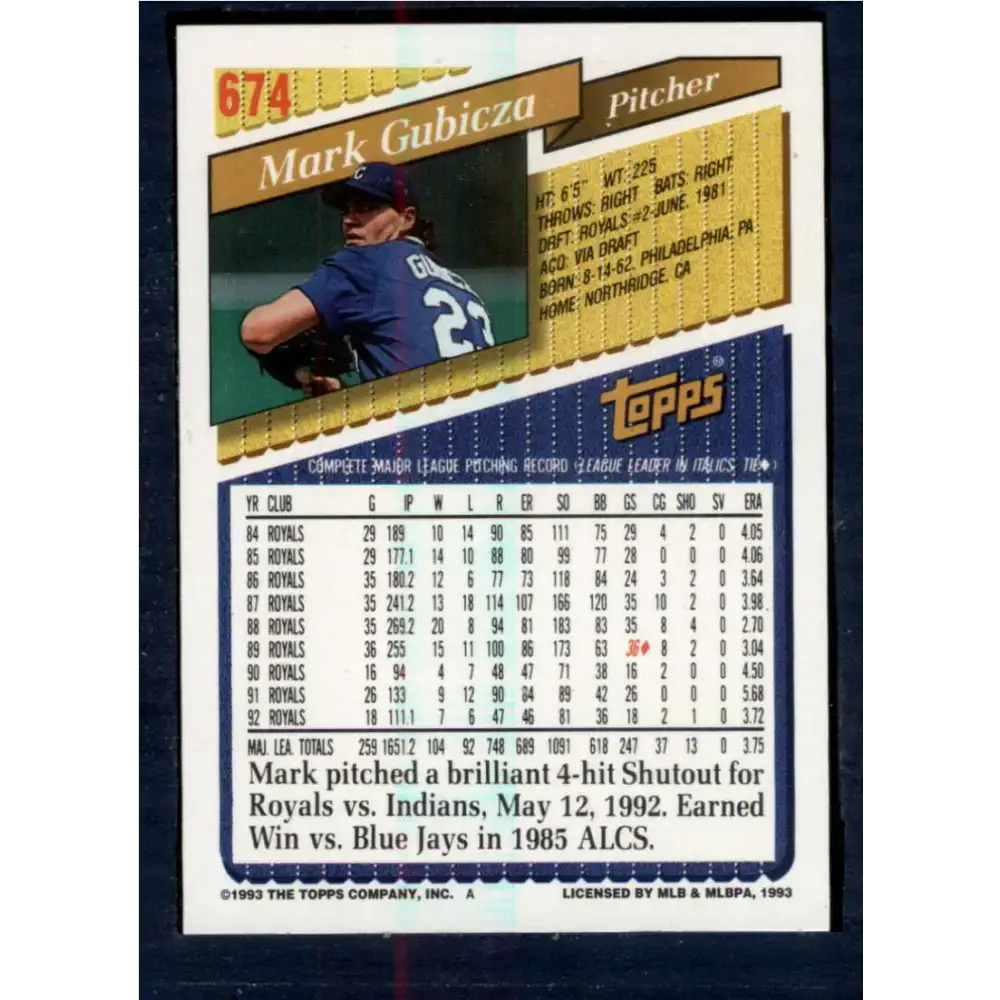 1993 Topps #674 Mark Gubicza NM-MT Kansas City Royals Baseball Card - Baseball Card Single
