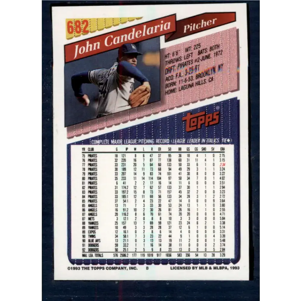 1993 Topps #682 John Candelaria NM-MT Los Angeles Dodgers Baseball Card - Baseball Card Single