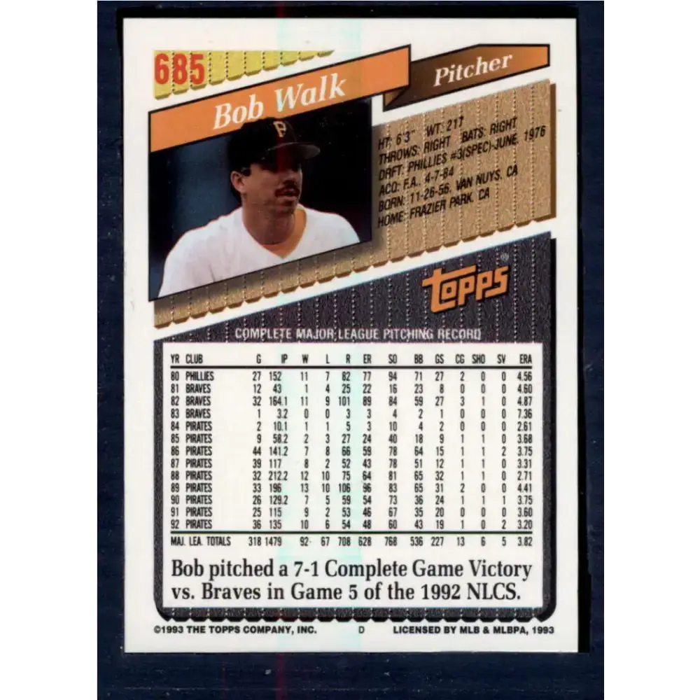 1993 Topps #685 Bob Walk NM-MT Pittsburgh Pirates Baseball Card - Baseball Card Single