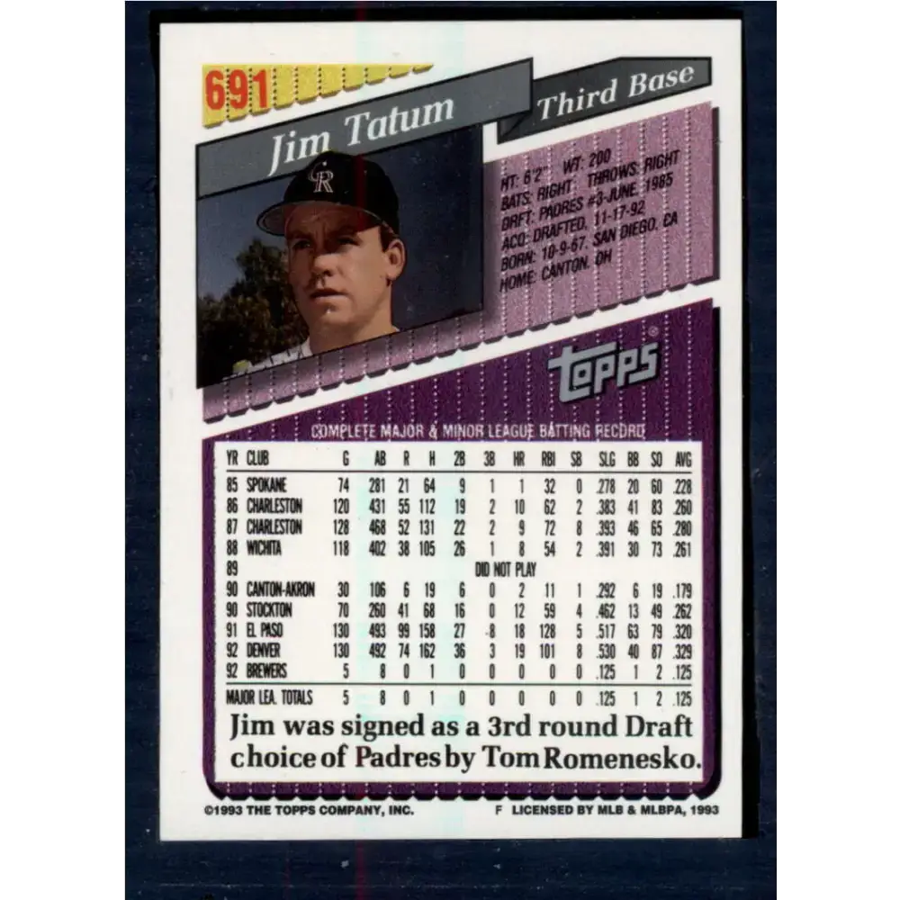 1993 Topps #691 Jim Tatum NM-MT RC Rookie Colorado Rockies Baseball Card - Baseball Card Single