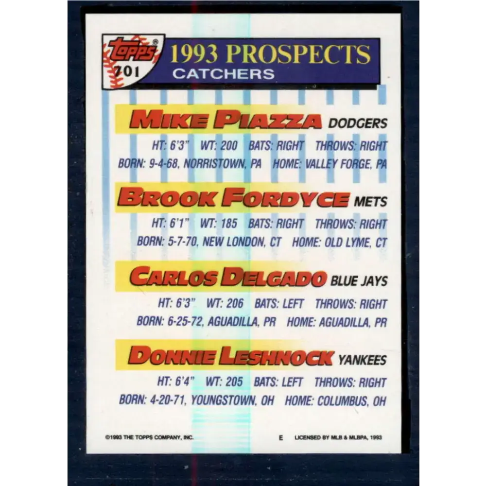 1993 Topps #701 Mike Piazza/Brook Fordyce/Carlos Delgado/Donnie Leshnock NM-MT Los Angeles Dodgers/New York