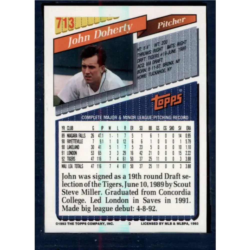 1993 Topps #713 John Doherty NM-MT Detroit Tigers Baseball Card - Baseball Card Single
