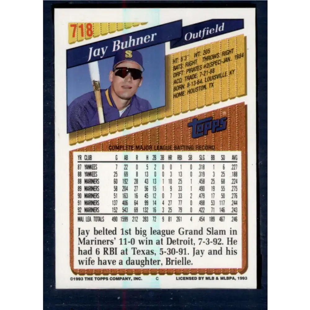 1993 Topps #718 Jay Buhner NM-MT Seattle Mariners Baseball Card - Baseball Card Single
