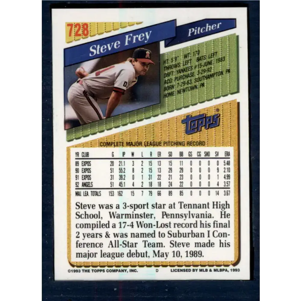 1993 Topps #728 Steve Frey NM-MT California Angels Baseball Card - Baseball Card Single