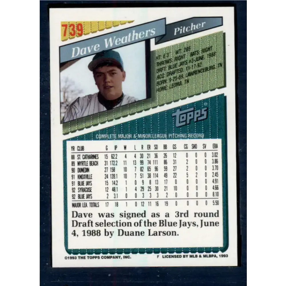 1993 Topps #739 Dave Weathers NM-MT Florida Marlins Baseball Card - Baseball Card Single