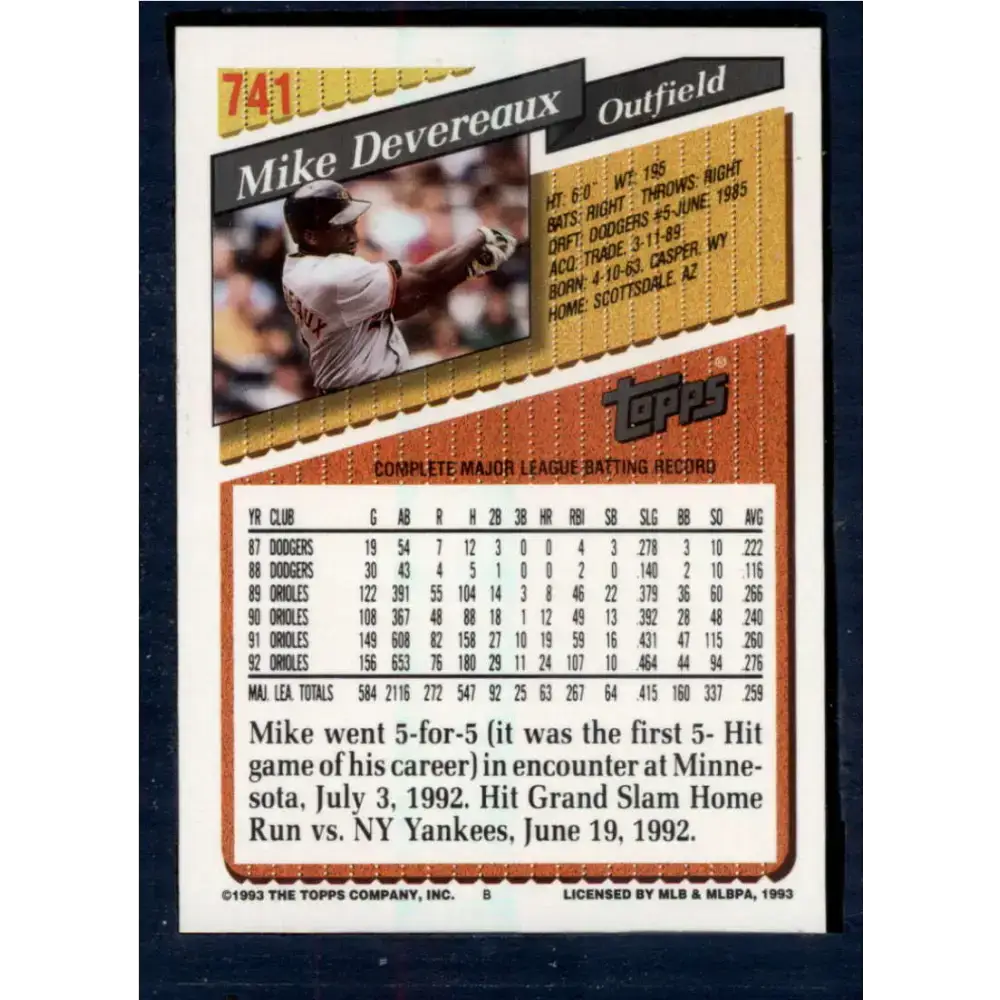 1993 Topps #741 Mike Devereaux NM-MT Baltimore Orioles Baseball Card - Baseball Card Single