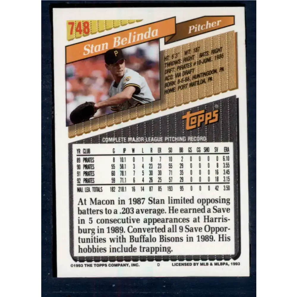 1993 Topps #748 Stan Belinda NM-MT Pittsburgh Pirates Baseball Card - Baseball Card Single